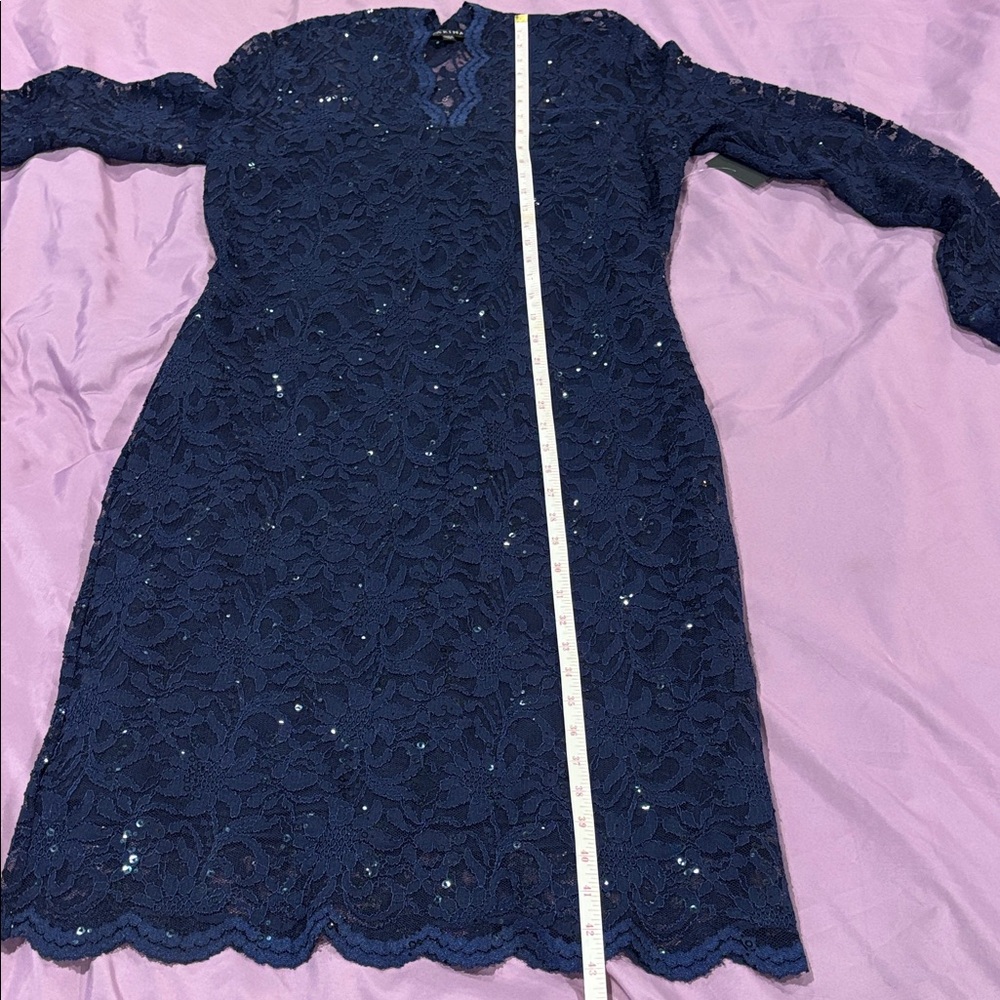 MARINA NWT Elegant Navy Long Sleeve Lace Dress - Picture 7 of 11